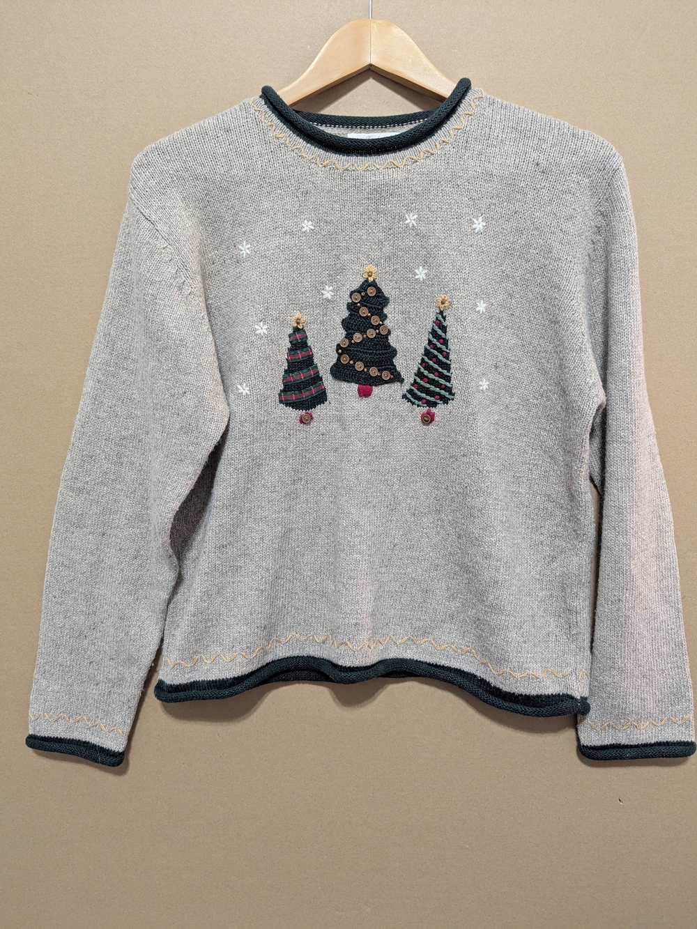 Christopher & Banks Embroidered Christmas Sweater Pullover Medium Taupe Holiday